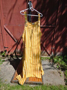 Luigi Moda Italian 100% Linen Striped Pinafore Overall Dress Yellow size M-L